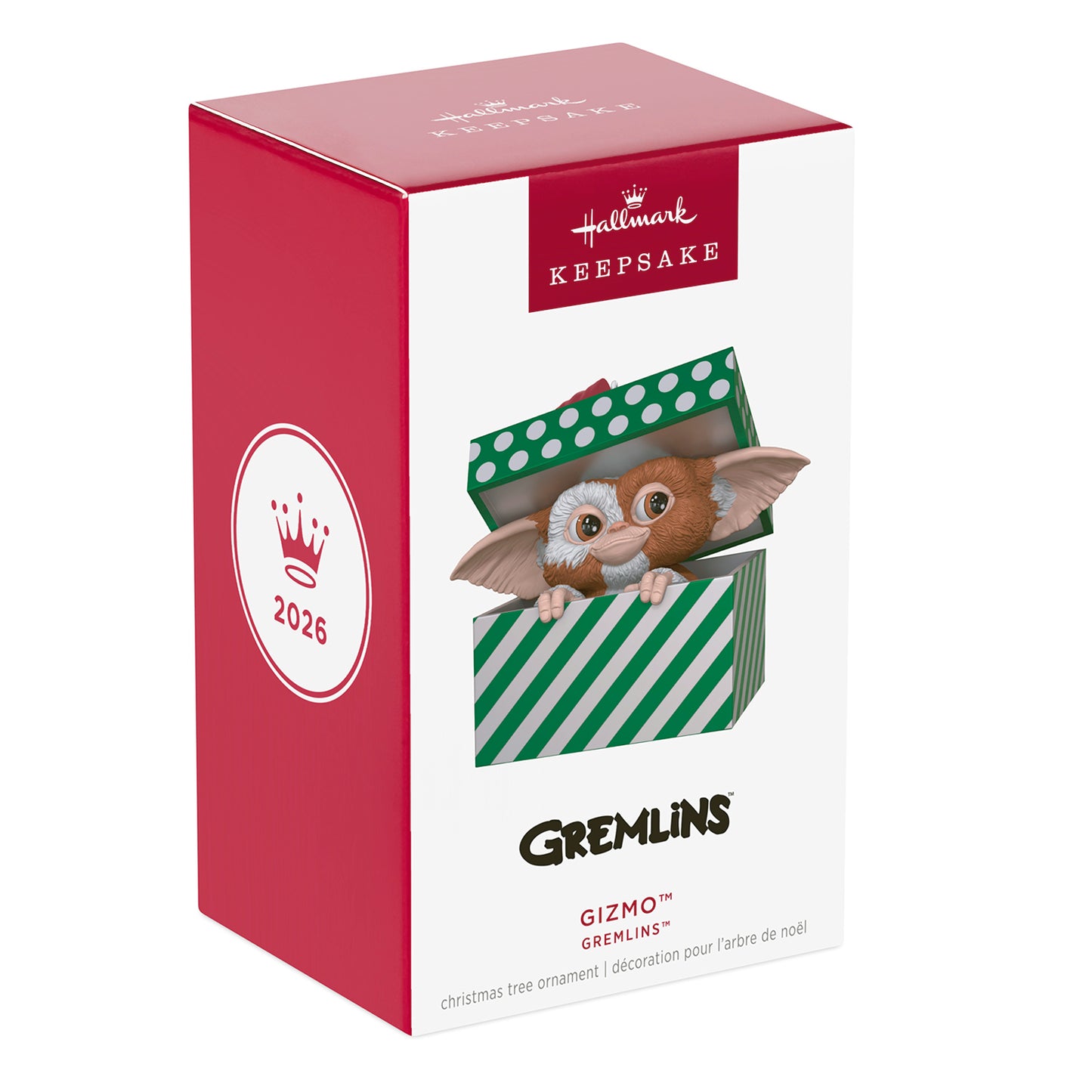 Gremlins Gizmo — 2026 Hallmark Keepsake Christmas Ornament in a gift box with green stripes and festive colours.