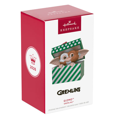 Gremlins Gizmo — 2026 Hallmark Keepsake Christmas Ornament in a gift box with green stripes and festive colours.