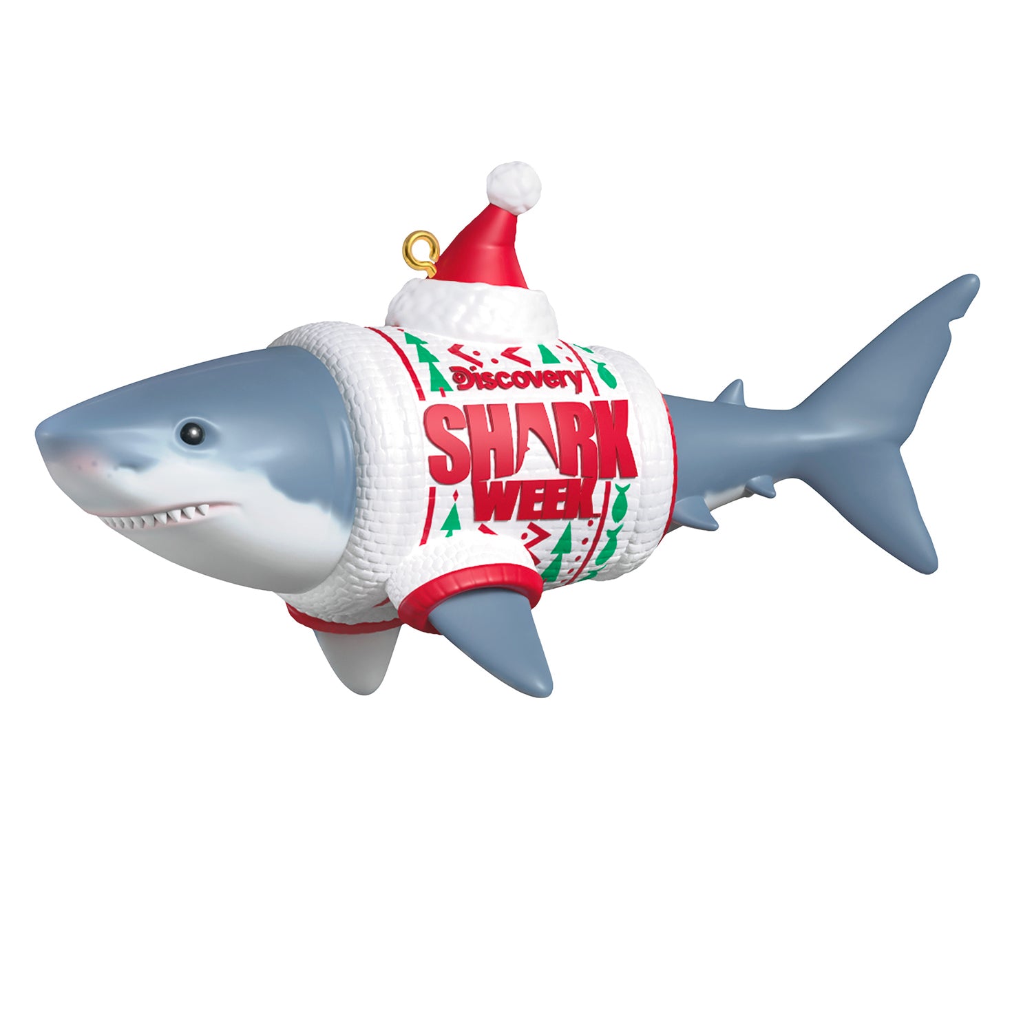 Discovery™ Shark Week — 2026 Hallmark Keepsake Christmas Ornament featuring a great white shark in a festive ugly sweater and Santa hat, angled view.