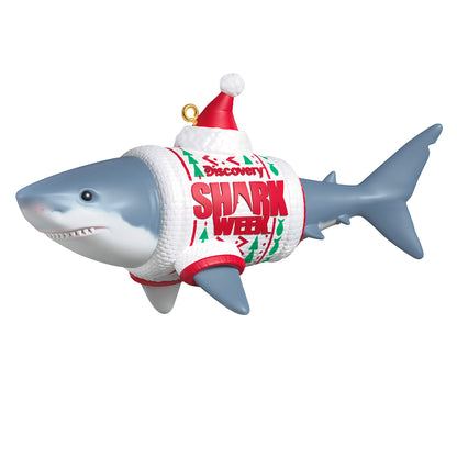 Discovery™ Shark Week — 2026 Hallmark Keepsake Christmas Ornament featuring a great white shark in a festive ugly sweater and Santa hat, angled view.