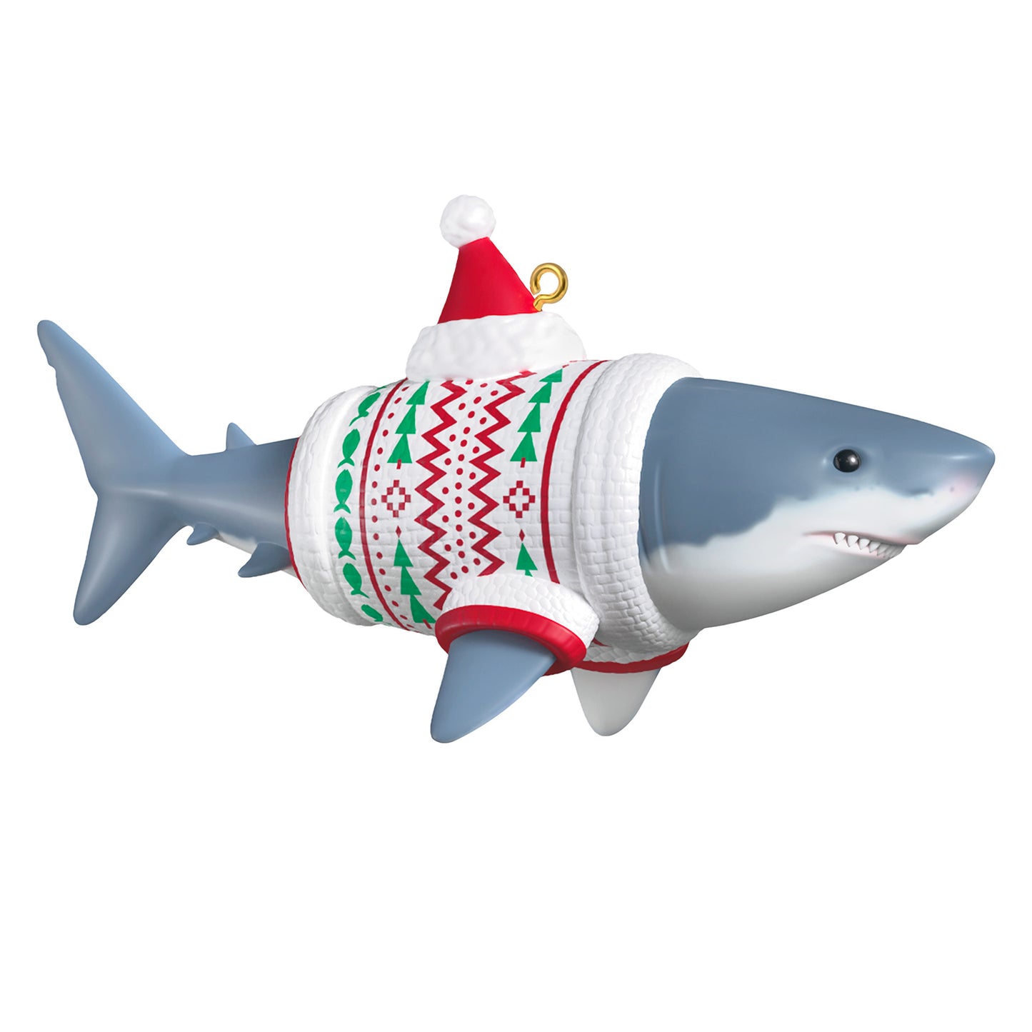 Discovery™ Shark Week — 2026 Hallmark Keepsake Christmas Ornament featuring a great white shark in an ugly Christmas sweater and Santa hat, side view.