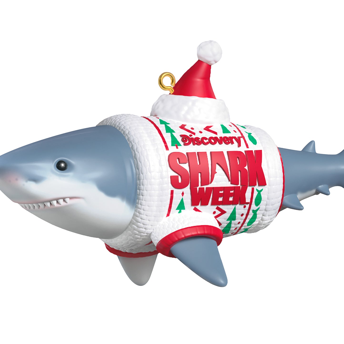 Discovery™ Shark Week — 2026 Hallmark Keepsake Christmas Ornament, great white shark in a festive ugly sweater with a santa hat, close up