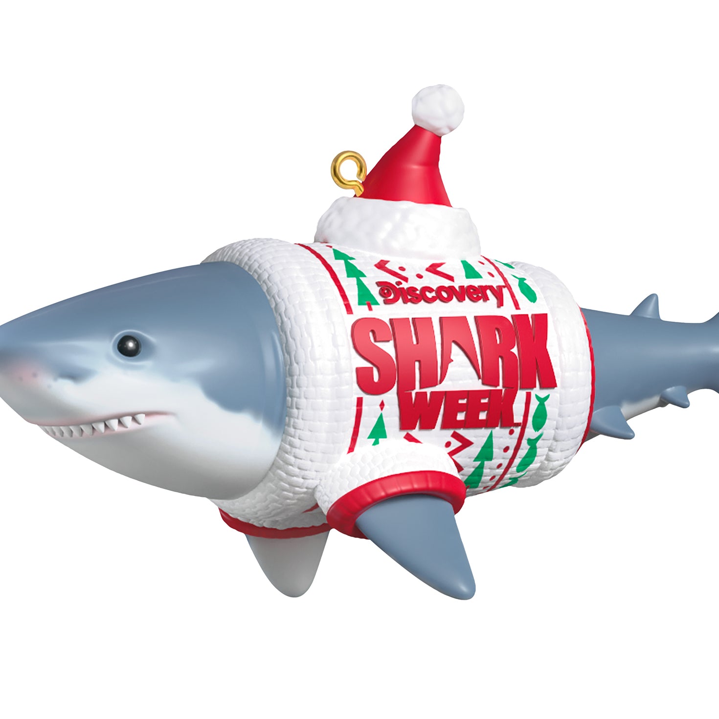 Discovery™ Shark Week — 2026 Hallmark Keepsake Christmas Ornament, great white shark in a festive ugly sweater with a santa hat, close up