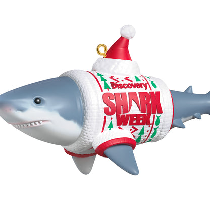 Discovery™ Shark Week — 2026 Hallmark Keepsake Christmas Ornament, great white shark in a festive ugly sweater with a santa hat, close up