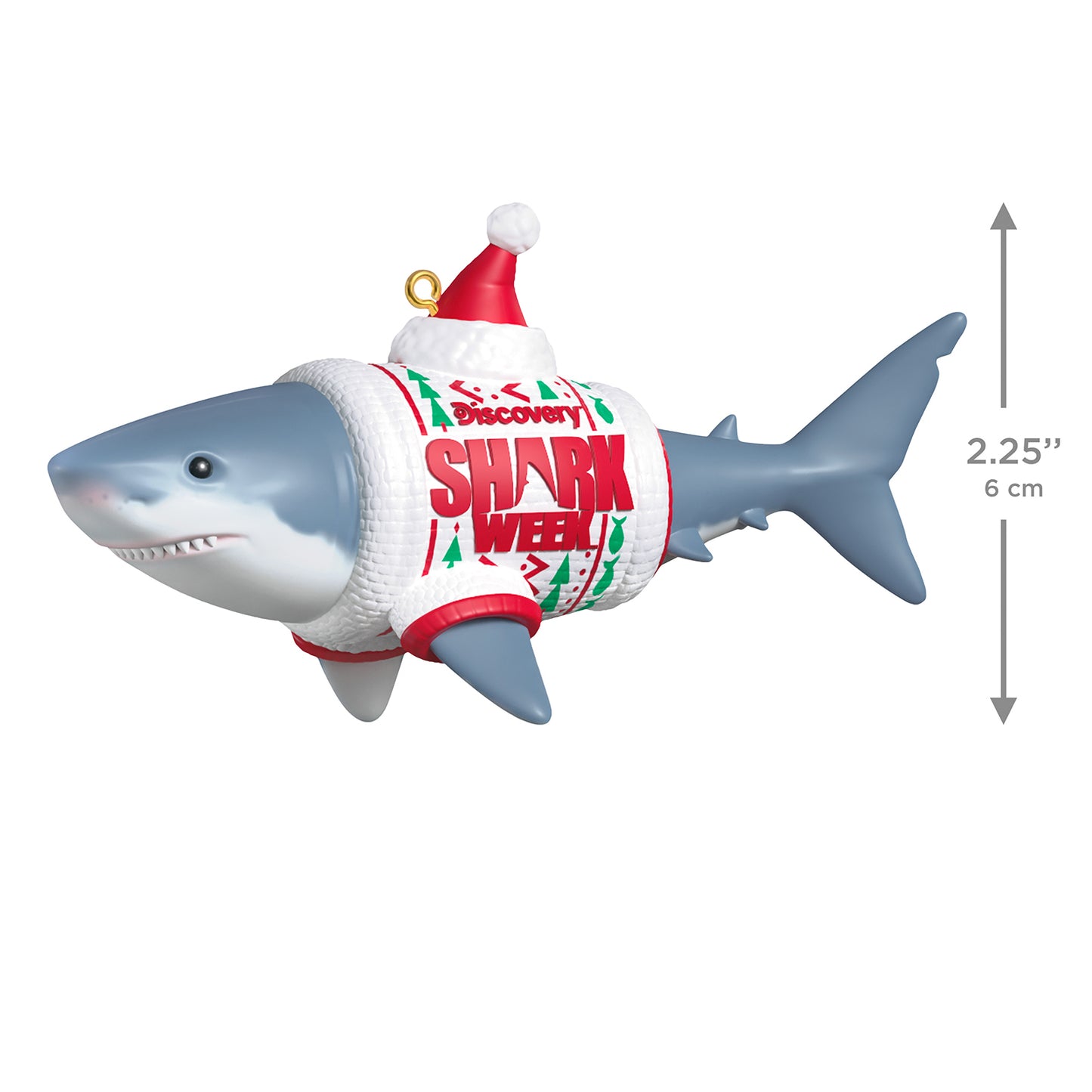 Discovery™ Shark Week — 2026 Hallmark Keepsake Christmas Ornament featuring a great white shark in an ugly Christmas sweater and Santa hat, 6 cm.