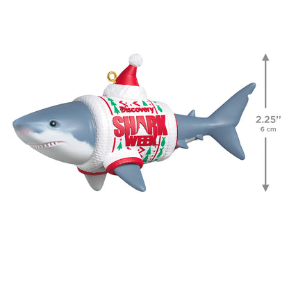 Discovery™ Shark Week — 2026 Hallmark Keepsake Christmas Ornament featuring a great white shark in an ugly Christmas sweater and Santa hat, 6 cm.