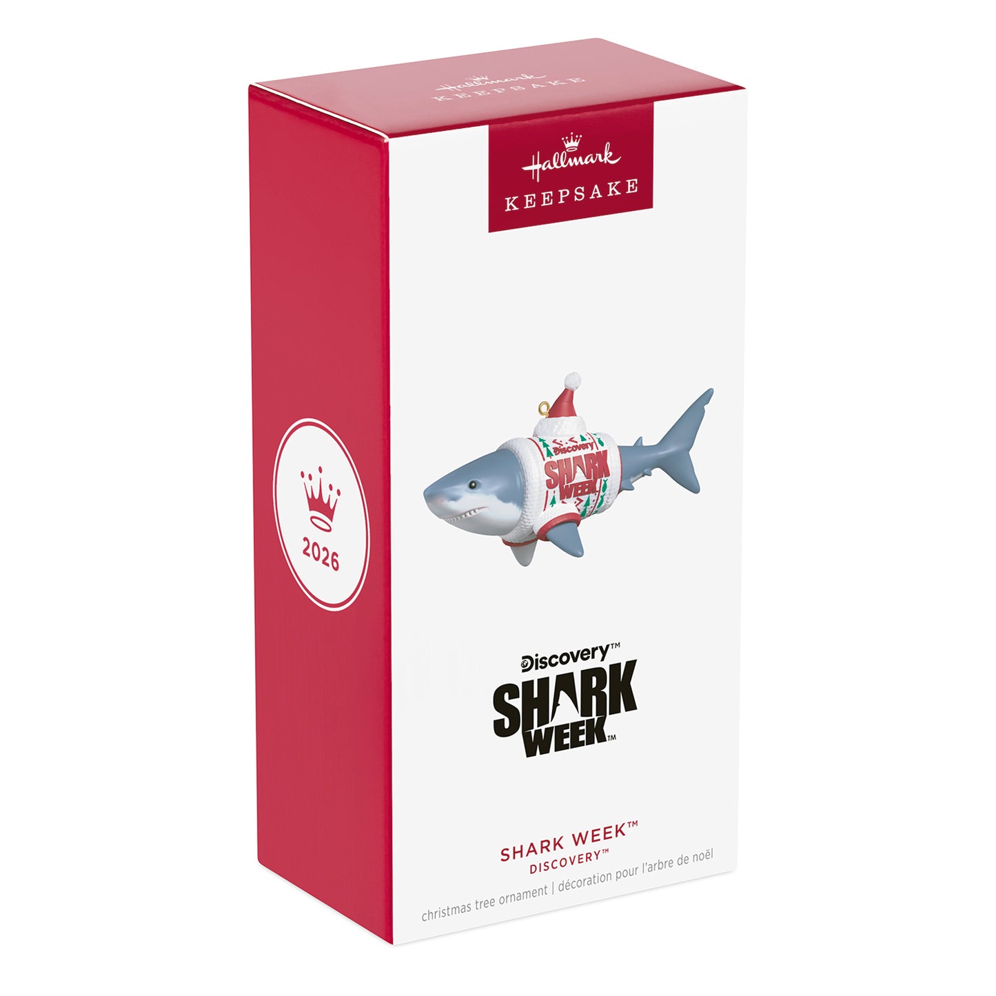 Discovery™ Shark Week — 2026 Hallmark Keepsake Christmas Ornament in gift packaging, featuring a shark in a festive sweater.