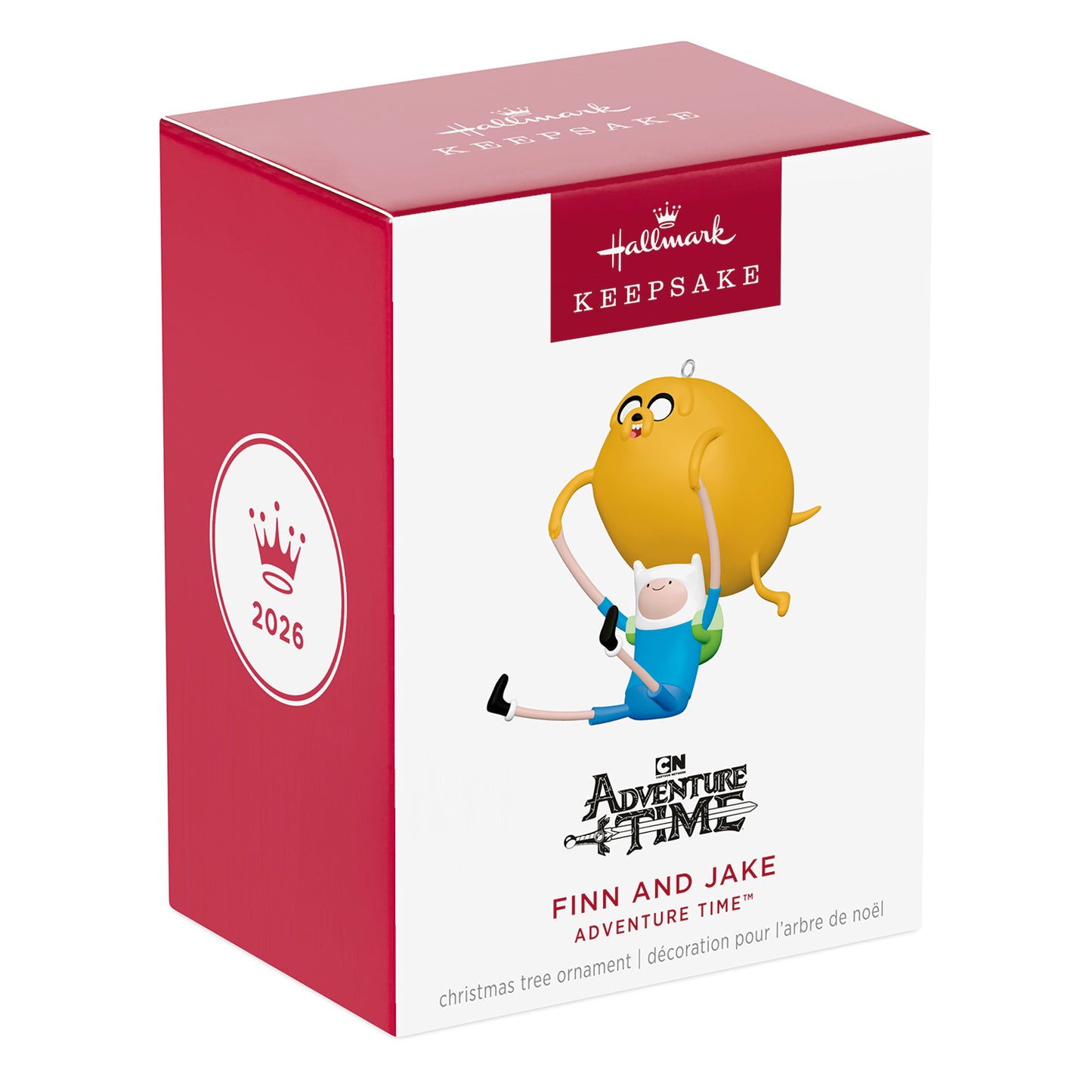 Adventure Time™ Finn and Jake — 2026 Hallmark Keepsake Christmas Ornament packaging view with Finn holding Jake.
