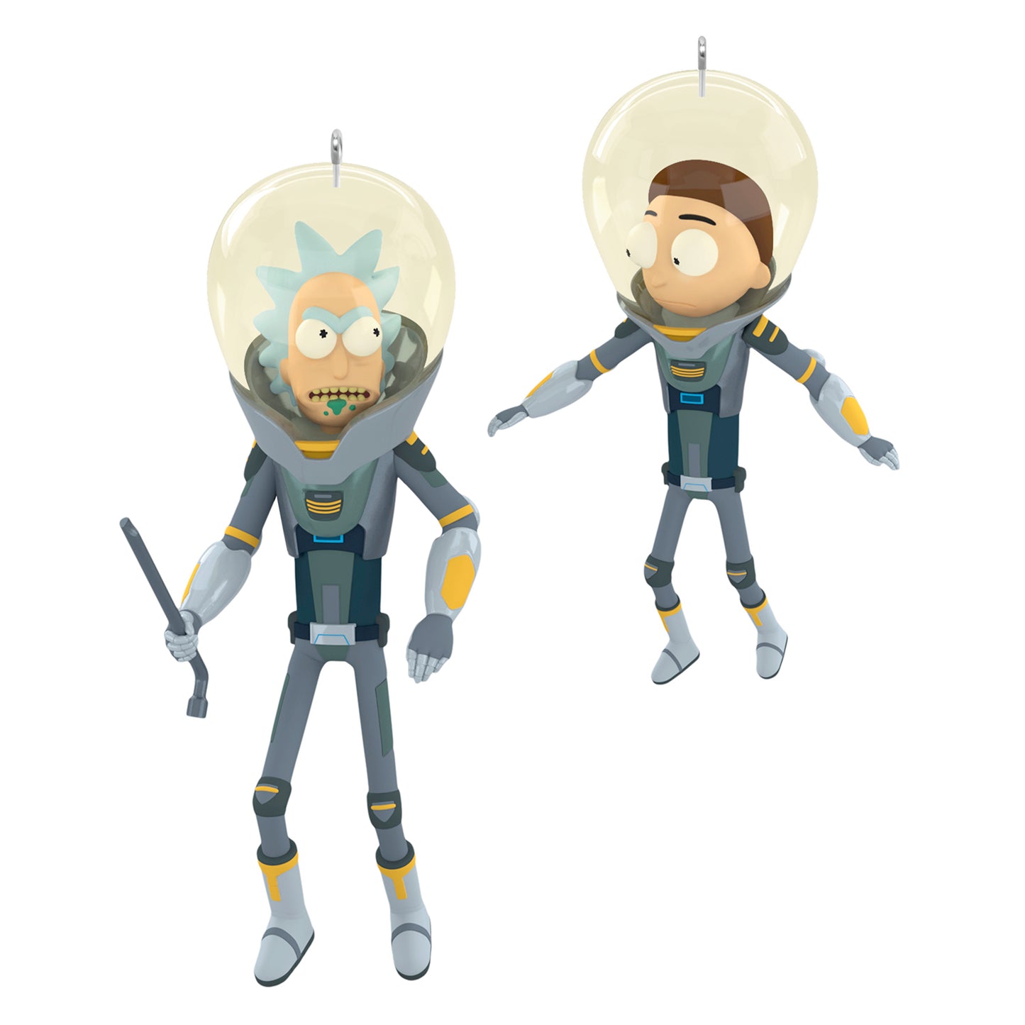 Hallmark Keepsake Christmas Ornaments (Rick and Morty "Get Back in the Car, Morty!"), Set of 2 with Rick and Morty in space suits, front view.