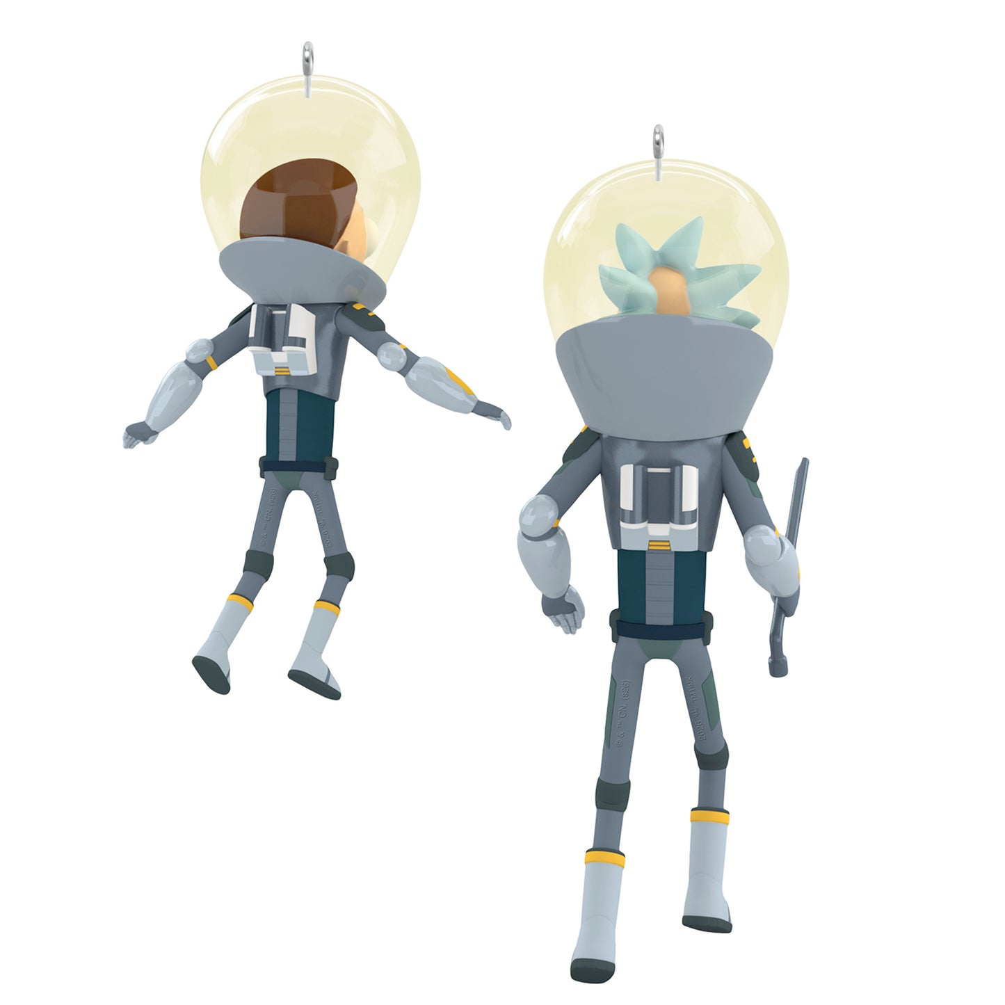 Hallmark Keepsake Christmas Ornaments (Rick and Morty "Get Back in the Car, Morty!"), Set of 2 featuring Rick and Morty in space suits, angled view.
