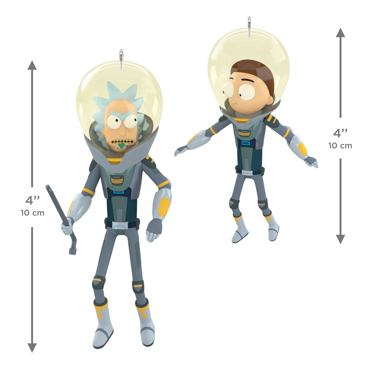 Hallmark Keepsake Christmas Ornaments (Rick and Morty "Get Back in the Car, Morty!"), Set of 2, full view with dimensions, in space suits.