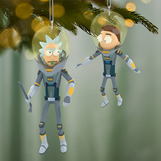 Hallmark Keepsake Christmas Ornaments (Rick and Morty "Get Back in the Car, Morty!"), Set of 2, featuring Rick and Morty in space suits, hanging from a tree.