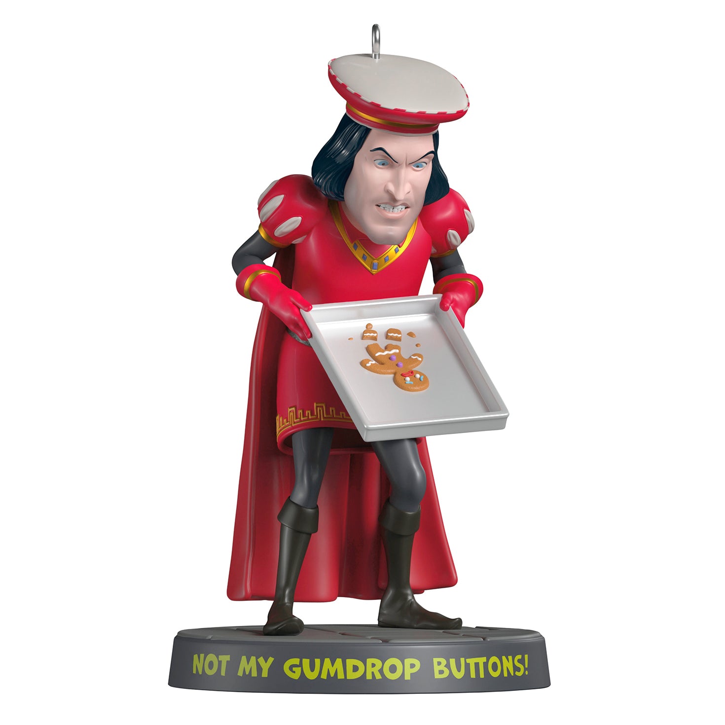 Shrek "Not My Buttons!" — 2026 Hallmark Keepsake Christmas Ornament featuring Lord Farquaad with a cookie sheet, detail of his expression.