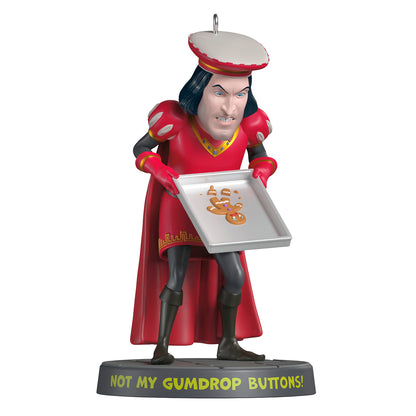 Shrek "Not My Buttons!" — 2026 Hallmark Keepsake Christmas Ornament featuring Lord Farquaad with a cookie sheet, detail of his expression.