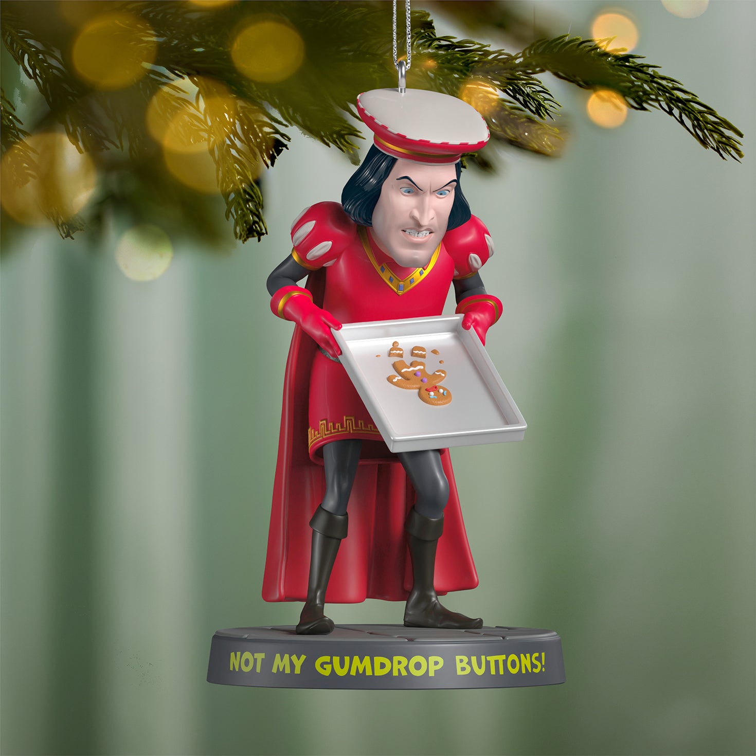 Shrek "Not My Buttons!" — 2026 Hallmark Keepsake Christmas Ornament, playful Lord Farquaad holding broken gingerbread man on cookie sheet, close up view.
