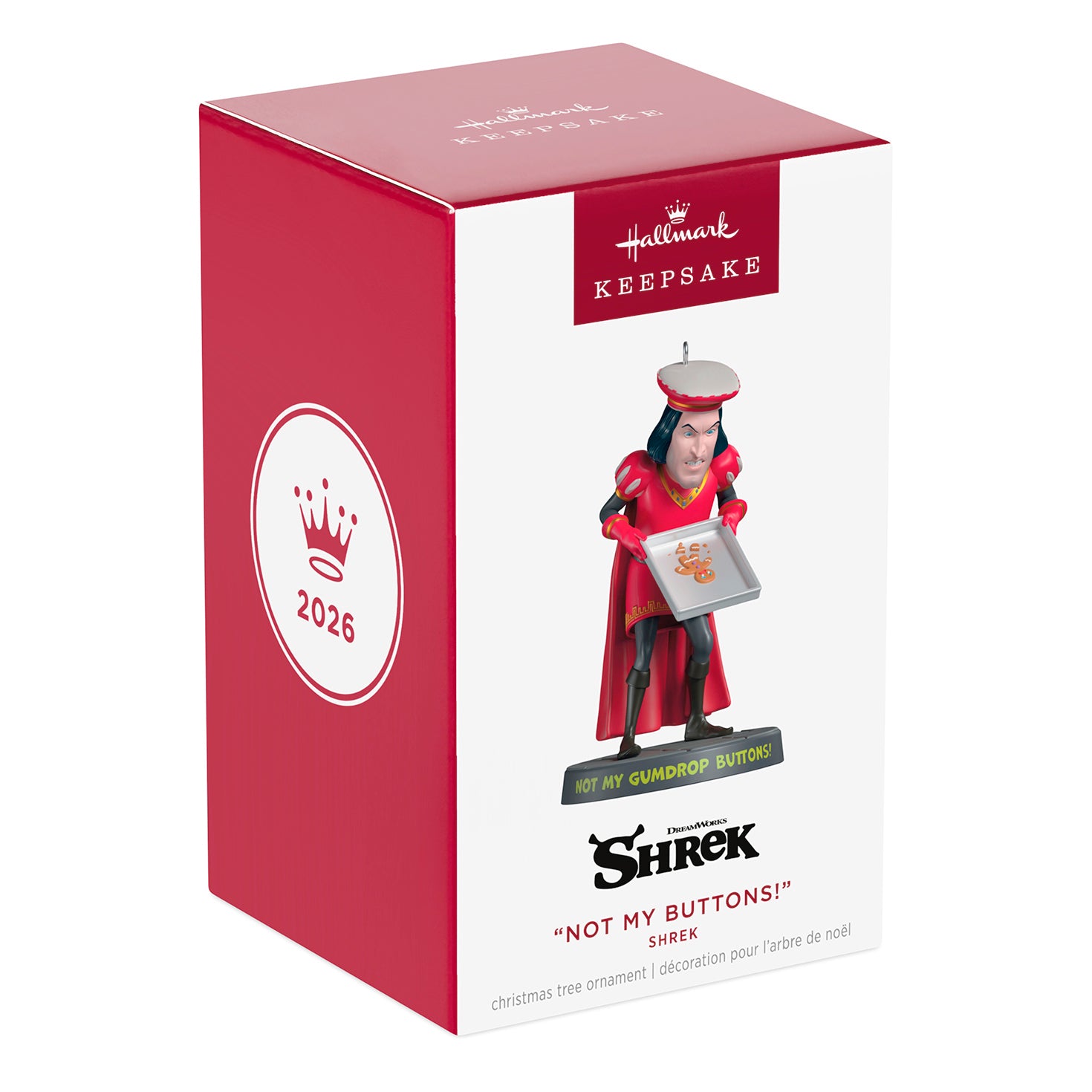 Shrek "Not My Buttons!" — 2026 Hallmark Keepsake Christmas Ornament in gift box featuring Lord Farquaad with cookie sheet.