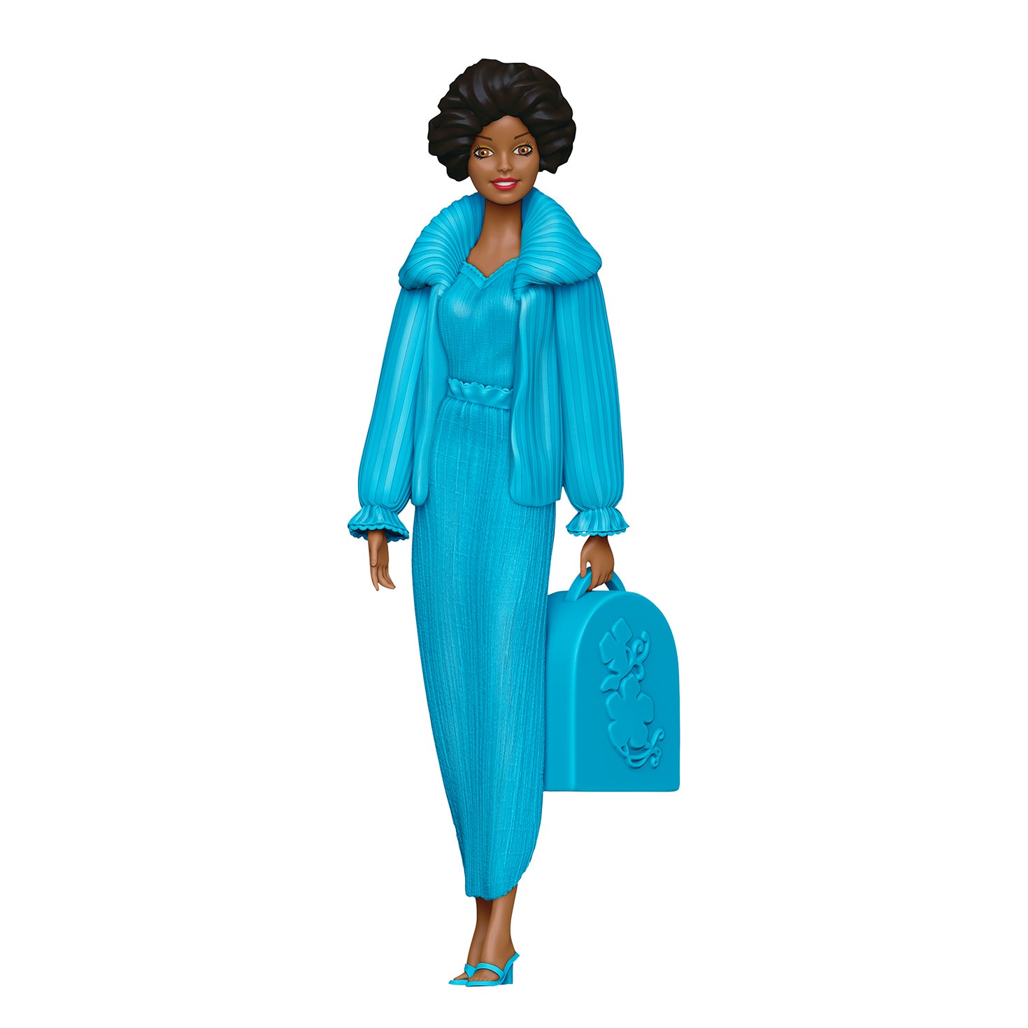 Barbie™ Beauty Secrets Christie — 2026 Hallmark Keepsake Christmas Ornament, stylish black doll in vibrant blue outfit, carrying beauty case.
