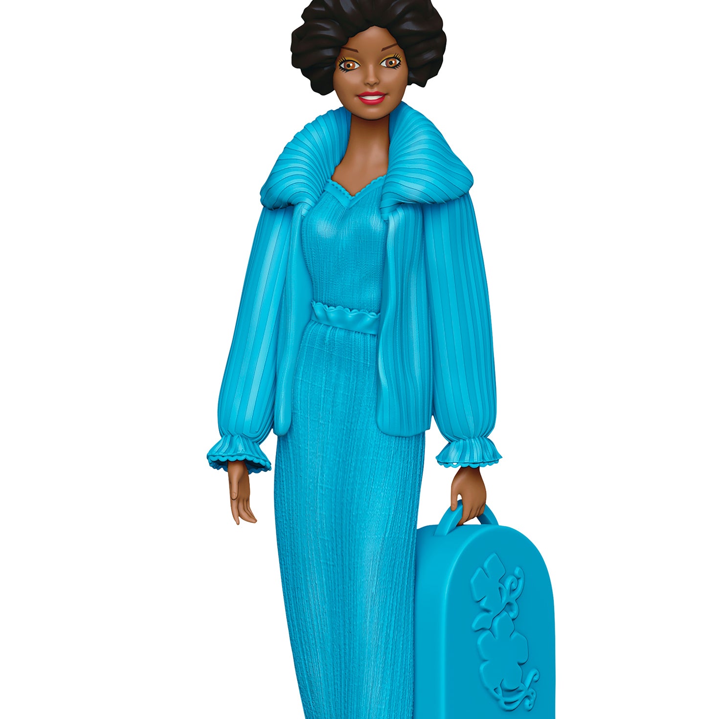 Barbie™ Beauty Secrets Christie — 2026 Hallmark Keepsake Christmas Ornament in vibrant blue outfit with matching beauty case, detailed view.