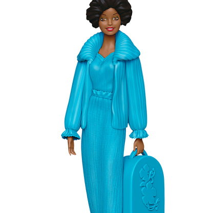 Barbie™ Beauty Secrets Christie — 2026 Hallmark Keepsake Christmas Ornament in vibrant blue outfit with matching beauty case, detailed view.