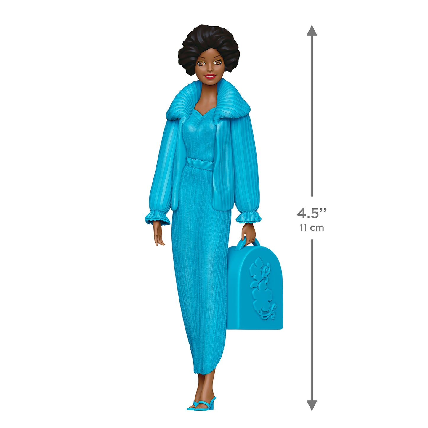 Barbie™ Beauty Secrets Christie — 2026 Hallmark Keepsake Christmas Ornament, wearing a blue outfit and carrying a beauty case, 11 cm tall.