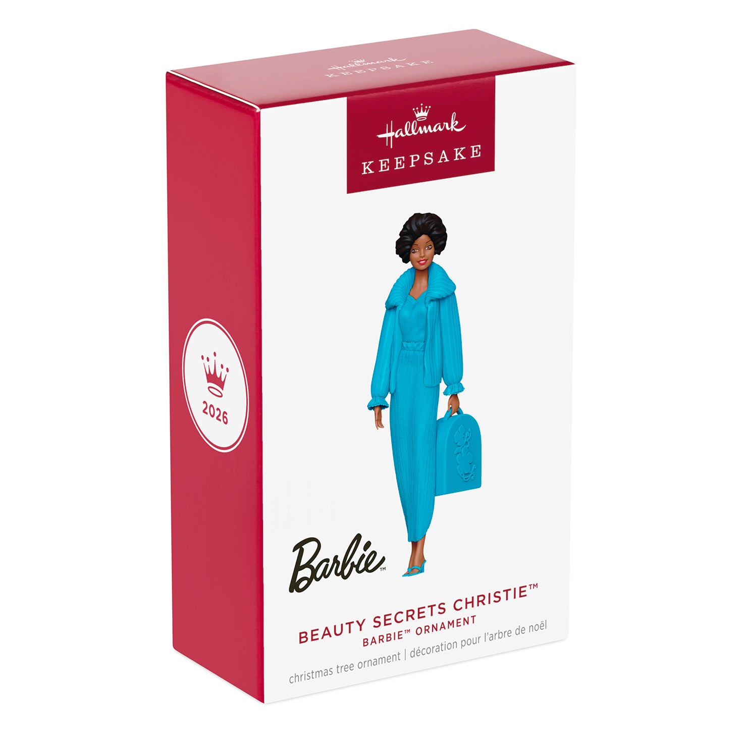 Barbie™ Beauty Secrets Christie — 2026 Hallmark Keepsake Christmas Ornament in vibrant blue packaging featuring the doll's stylish outfit.