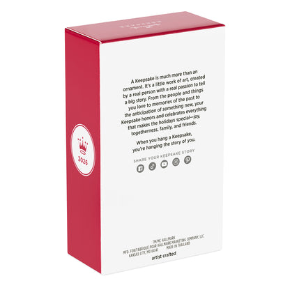 Barbie™ Beauty Secrets Christie — 2026 Hallmark Keepsake Christmas Ornament boxed back view, featuring a red design and care instructions.