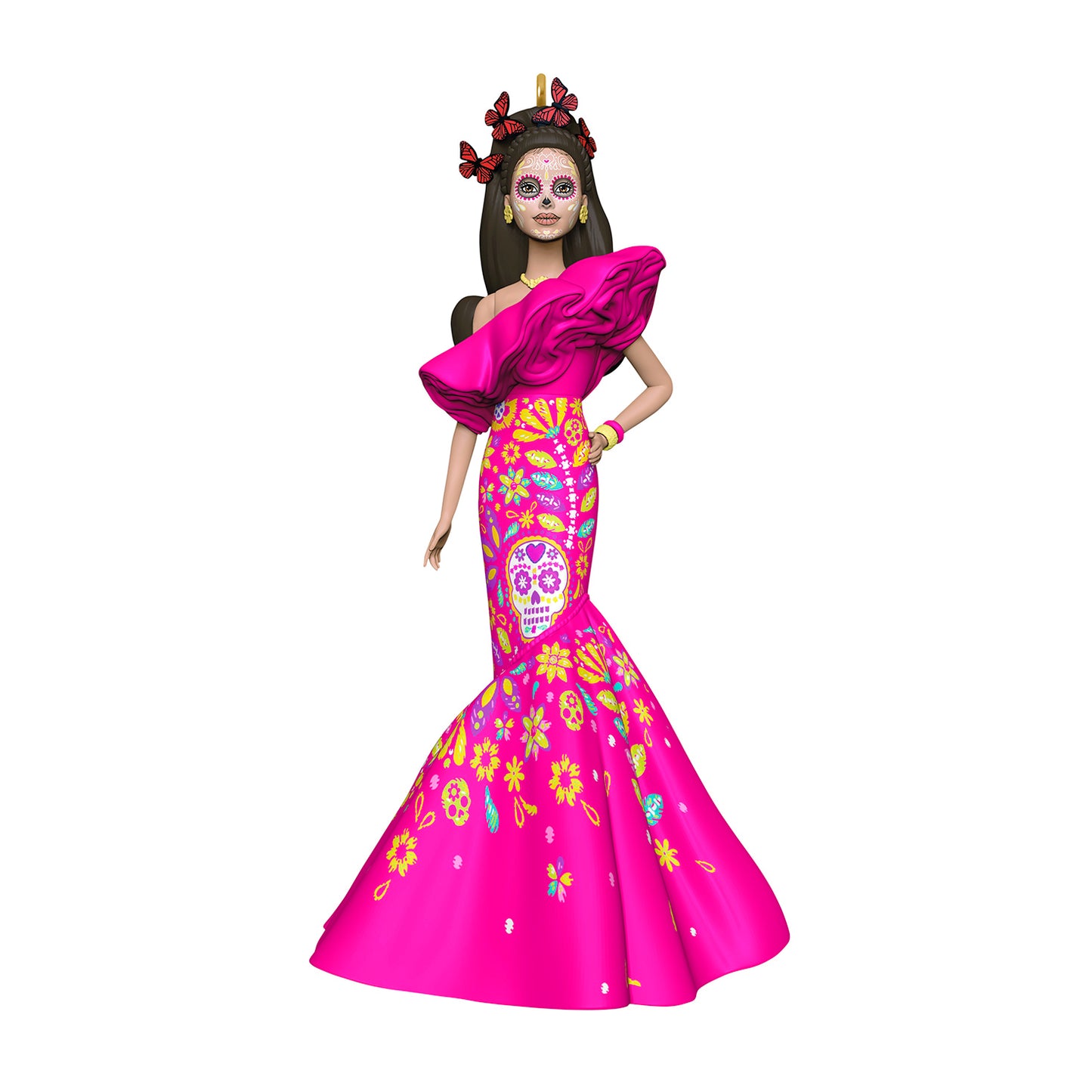 Barbie™ Día De Muertos — 2026 Hallmark Keepsake Christmas Ornament, vibrant pink gown, detailed sugar skull design, full view.