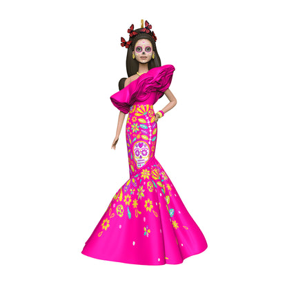 Barbie™ Día De Muertos — 2026 Hallmark Keepsake Christmas Ornament, vibrant pink gown, detailed sugar skull design, full view.