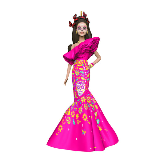 Barbie™ Día De Muertos — 2026 Hallmark Keepsake Christmas Ornament, vibrant pink gown, detailed sugar skull design, full view.