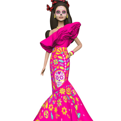 Barbie™ Día De Muertos — 2026 Hallmark Keepsake Christmas Ornament with bright pink gown, decorative sugar skulls and butterflies, full view