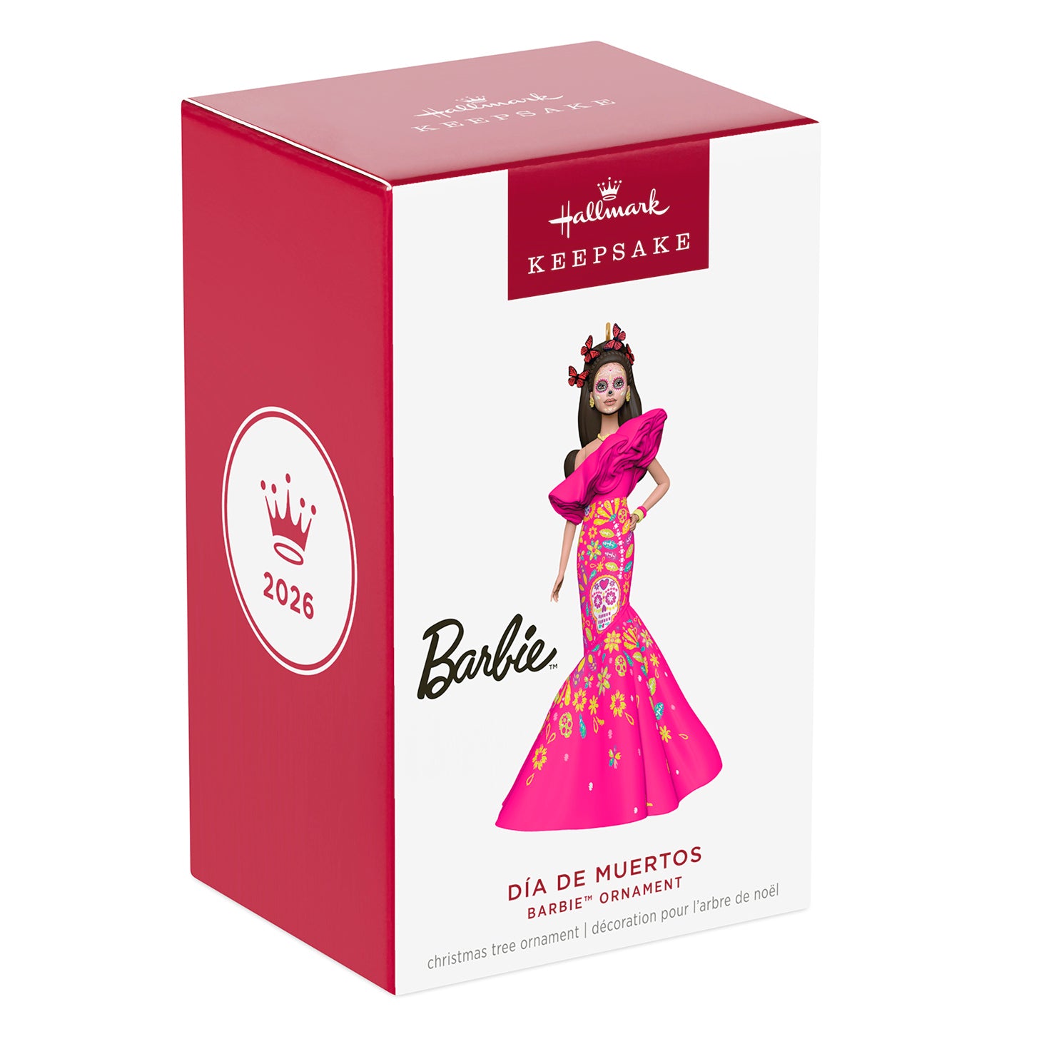 Barbie™ Día De Muertos — 2026 Hallmark Keepsake Christmas Ornament packaging design featuring vibrant pink gown and floral details.