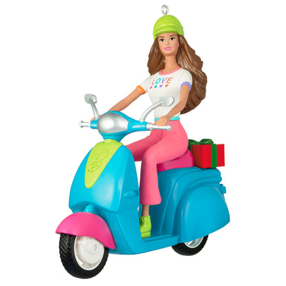 Barbie™ Fashionistas Doll and Scooter — 2026 Hallmark Keepsake Christmas Ornament, sporty pastel outfit with a gift on the scooter.