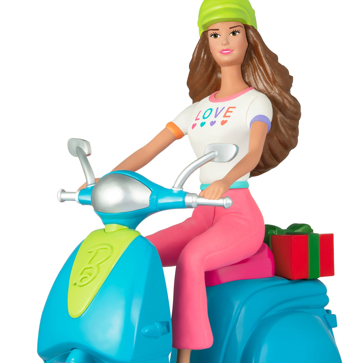 Barbie™ Fashionistas Doll and Scooter — 2026 Hallmark Keepsake Christmas Ornament, sitting on scooter with a pastel ‘Love’ tee and helmet.