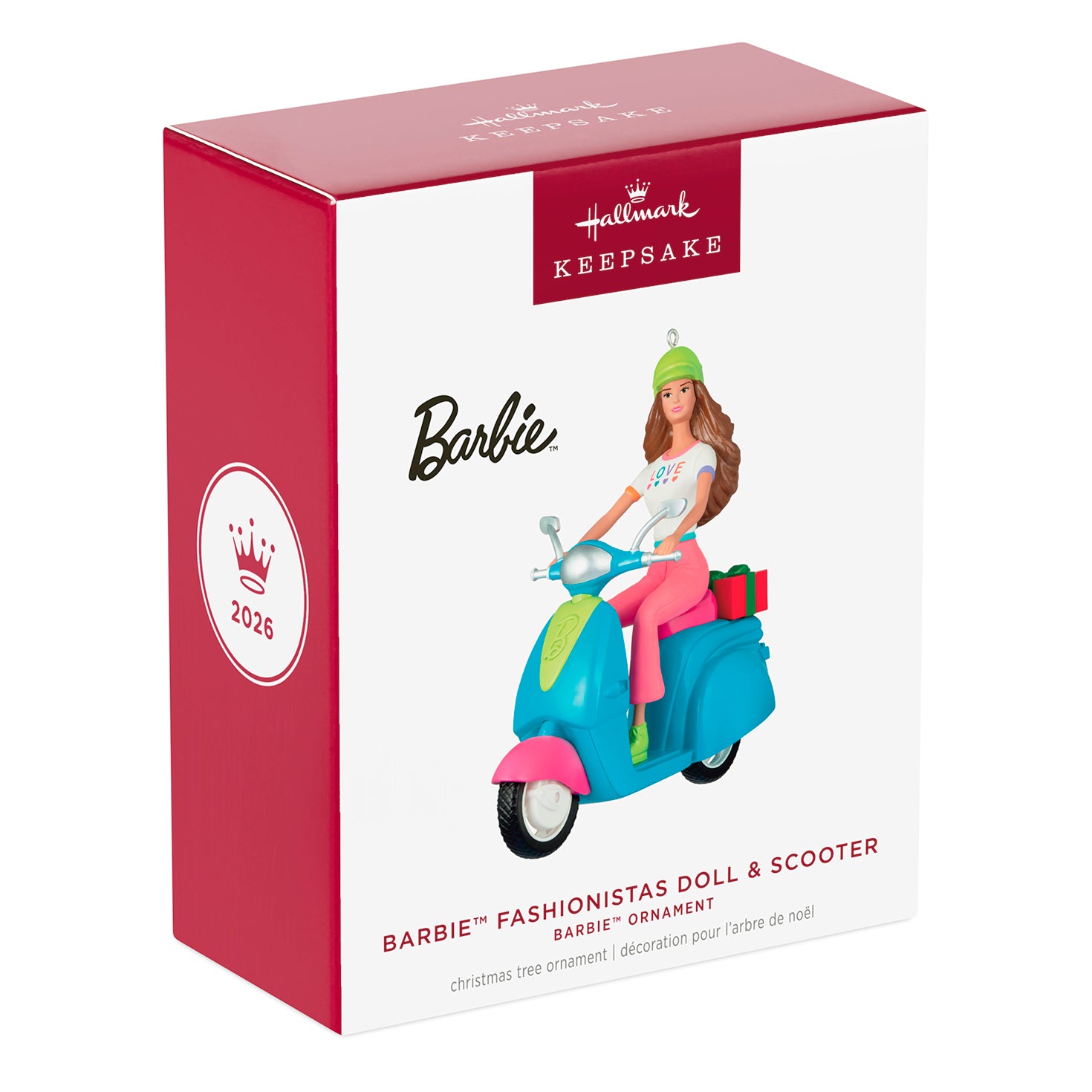 Barbie™ Fashionistas Doll and Scooter — 2026 Hallmark Keepsake Christmas Ornament in festive packaging with vibrant colours and details.