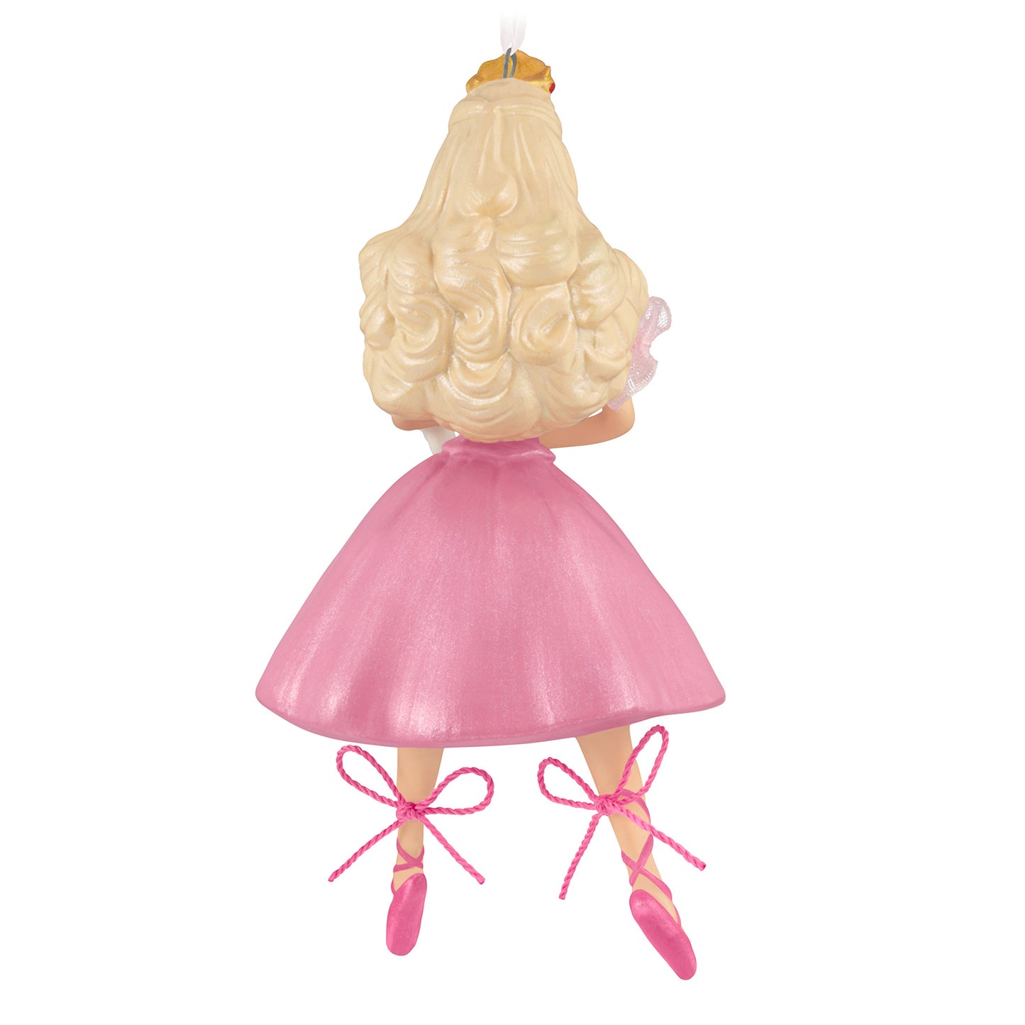 Barbie™ in the Nutcracker 25th Anniversary, porcelain and fabric Christmas ornament featuring a pink dress and ballet shoes, back view