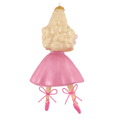 Barbie™ in the Nutcracker 25th Anniversary, porcelain and fabric Christmas ornament featuring a pink dress and ballet shoes, back view