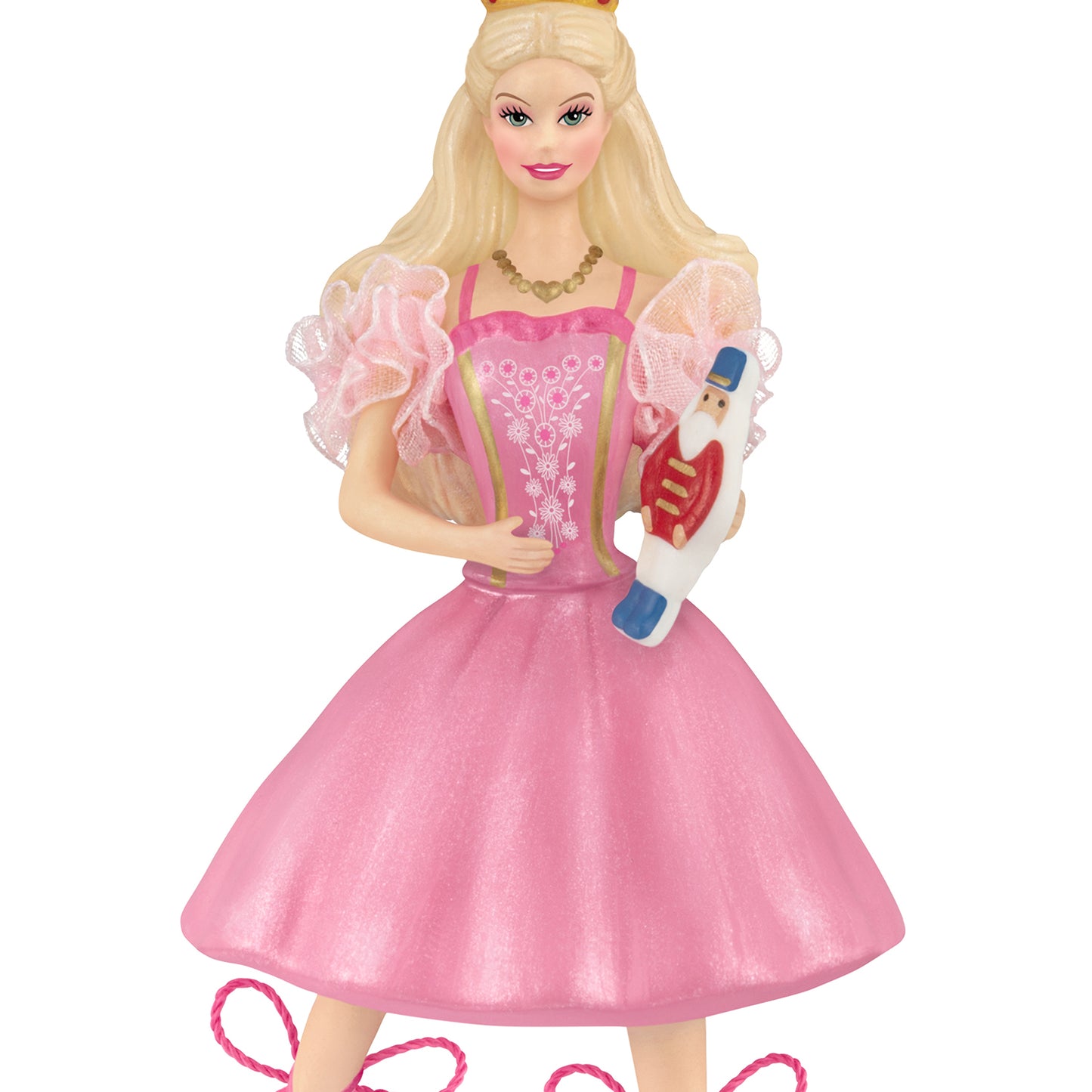 Barbie™ in the Nutcracker 25th Anniversary, porcelain and fabric ornament, Barbie in a pink dress holding a nutcracker, front view