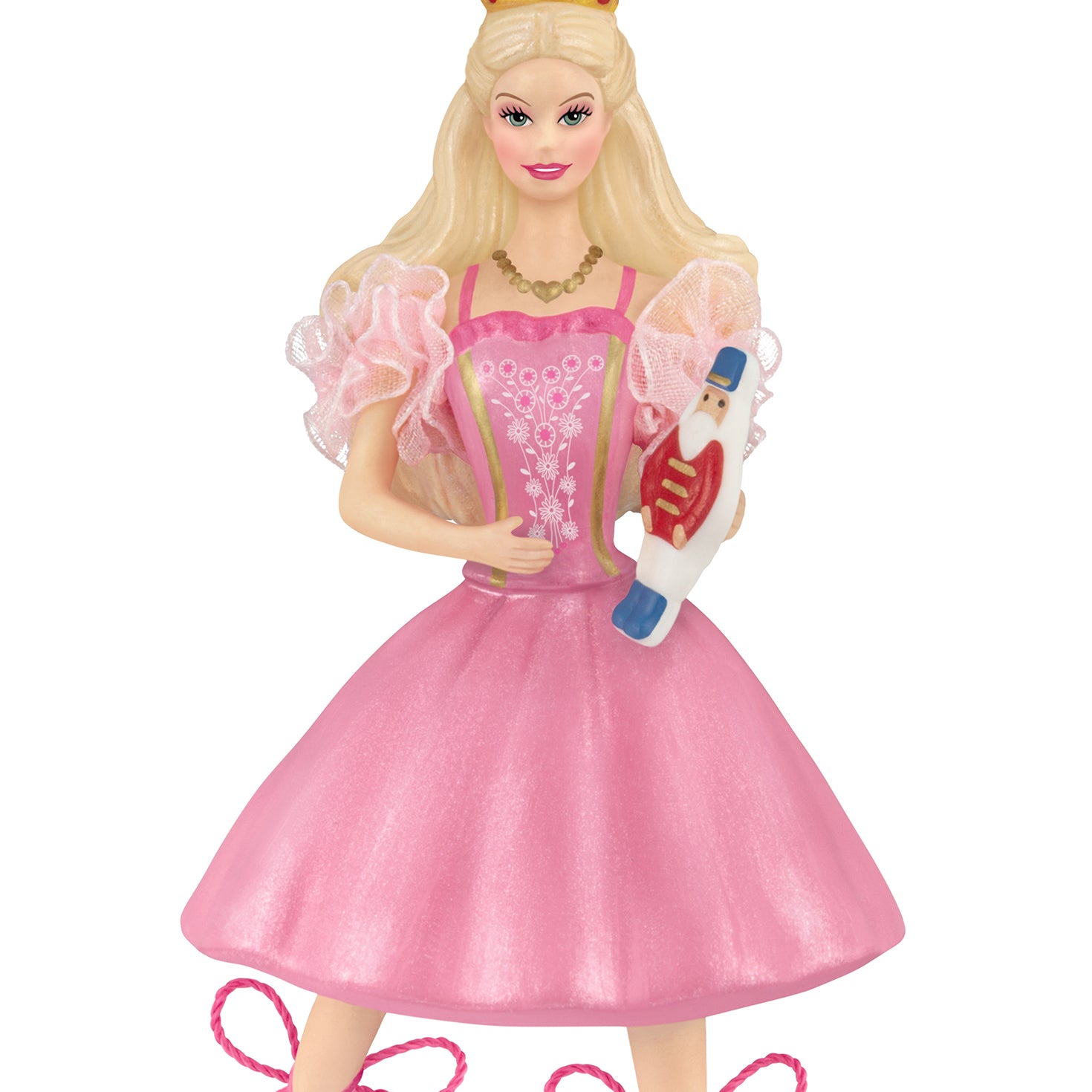Barbie™ in the Nutcracker 25th Anniversary, porcelain and fabric ornament, Barbie in a pink dress holding a nutcracker, front view