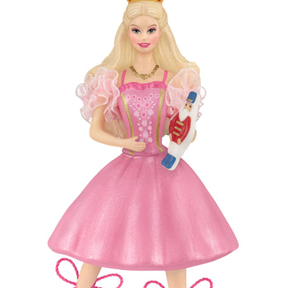 Barbie™ in the Nutcracker 25th Anniversary, porcelain and fabric ornament, Barbie in a pink dress holding a nutcracker, front view