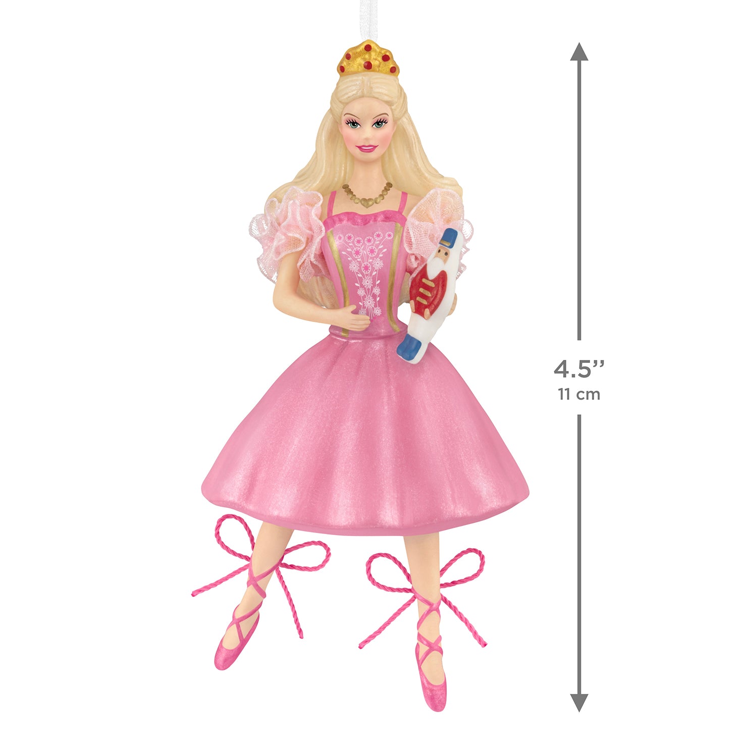 Barbie™ in the Nutcracker 25th Anniversary, porcelain and fabric ornament in a pink dress, 11 cm, front view with details on crown and ballet shoes.