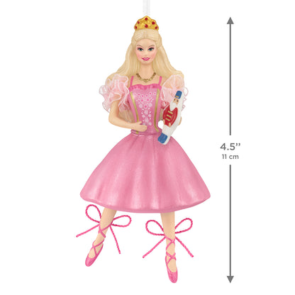 Barbie™ in the Nutcracker 25th Anniversary, porcelain and fabric ornament in a pink dress, 11 cm, front view with details on crown and ballet shoes.