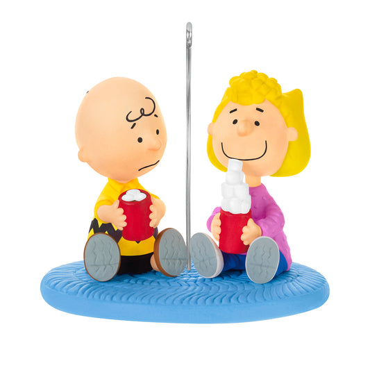 The Peanuts Gang More Marshmallows, Please! — 2026 Hallmark Keepsake Christmas Ornament depicting Charlie Brown and Sally with hot chocolate mugs on blue rug.