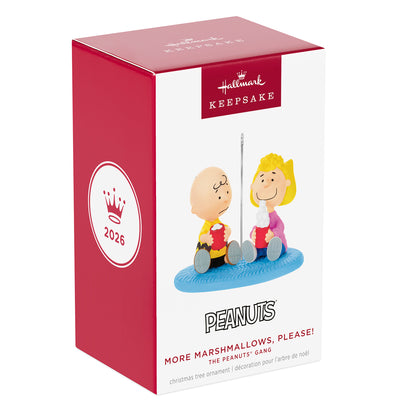 The Peanuts Gang More Marshmallows, Please! — 2026 Hallmark Keepsake Christmas Ornament packaging view featuring Charlie Brown and Sally on a blue base.
