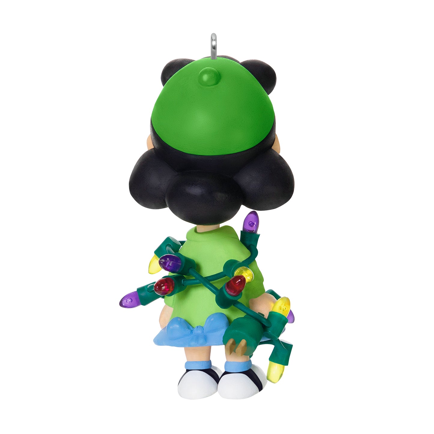 The Peanuts® Gang Lucy's All Tangled Up! — 2026 Hallmark Keepsake Christmas Ornament, detailed back view with Christmas lights.