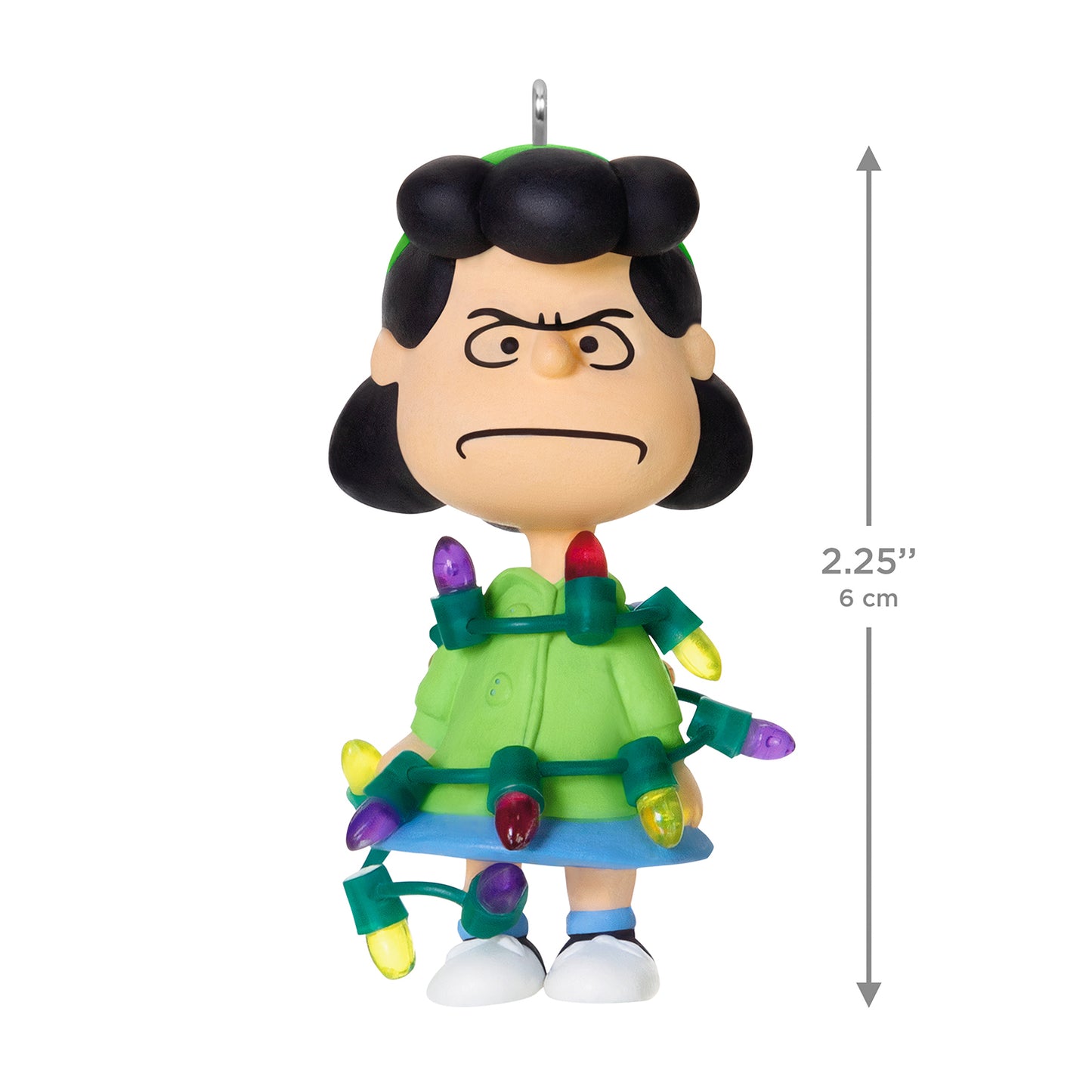 The Peanuts® Gang Lucy's All Tangled Up! — 2026 Hallmark Keepsake Christmas Ornament in green outfit with tangled lights, 6 cm tall.