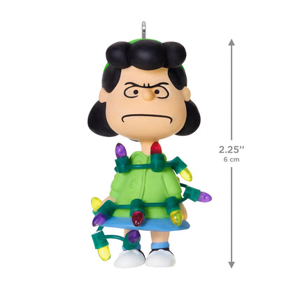 The Peanuts® Gang Lucy's All Tangled Up! — 2026 Hallmark Keepsake Christmas Ornament in green outfit with tangled lights, 6 cm tall.
