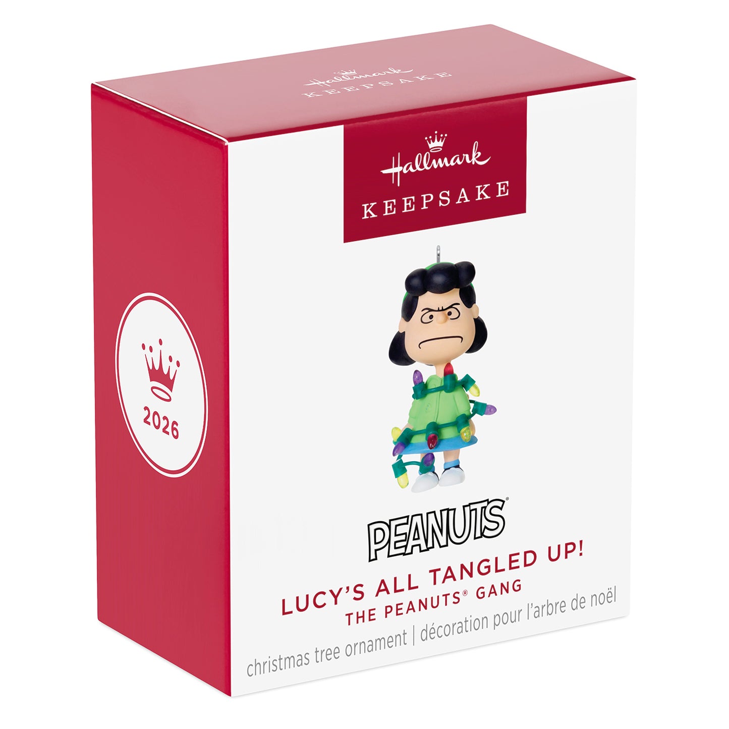 The Peanuts® Gang Lucy's All Tangled Up! — 2026 Hallmark Keepsake Christmas Ornament, gift box packaging, vibrant colours, detailed design.