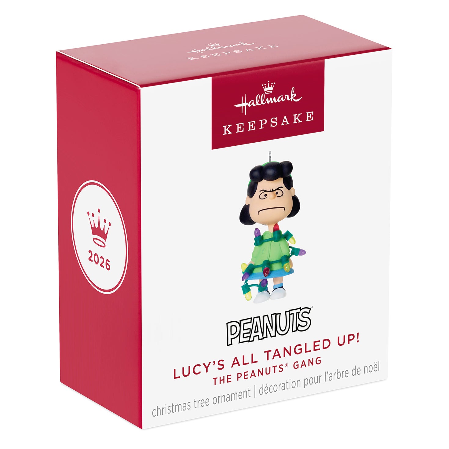 The Peanuts® Gang Lucy's All Tangled Up! — 2026 Hallmark Keepsake Christmas Ornament, gift box packaging, vibrant colours, detailed design.