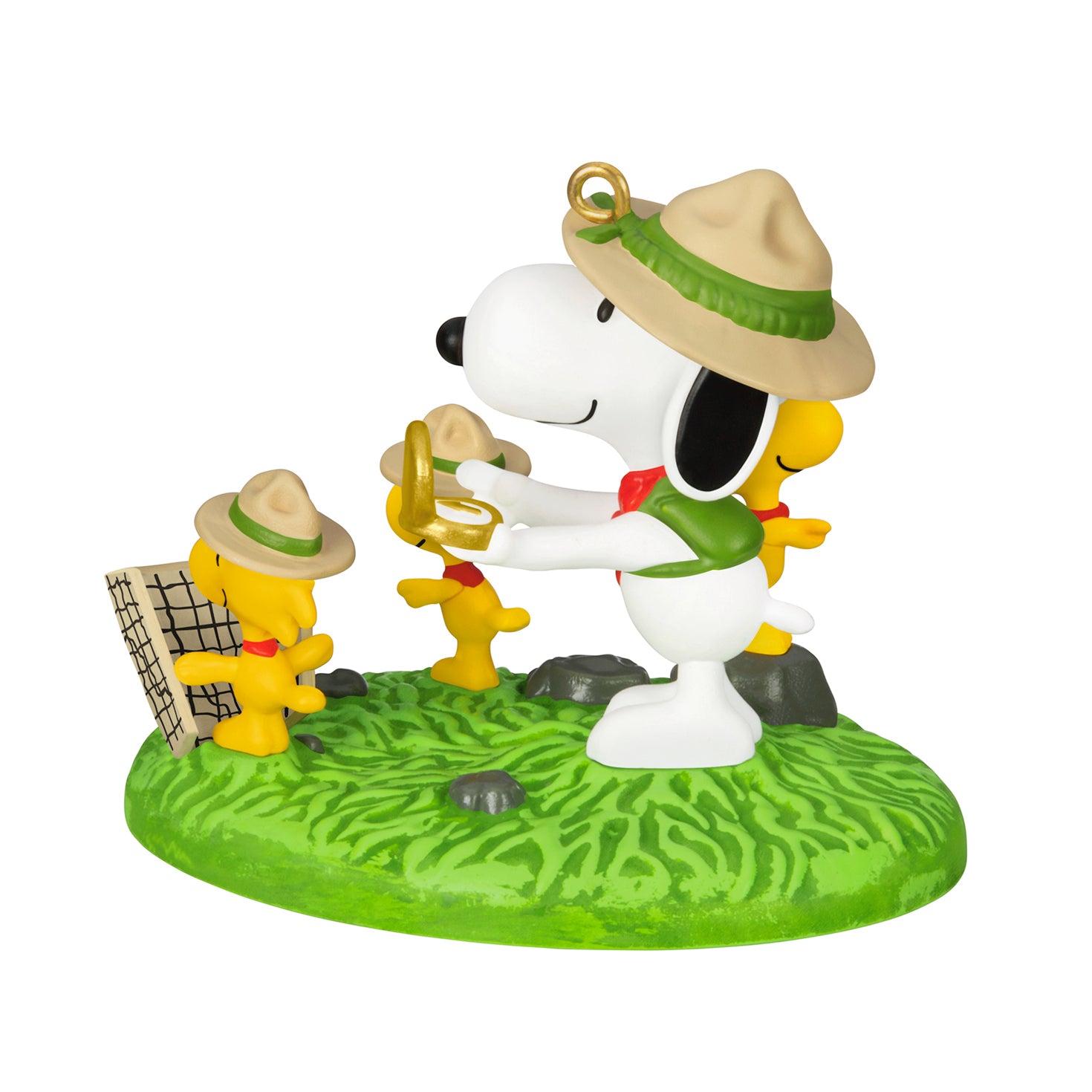 The Peanuts® Gang Orienteering — 2026 Hallmark Keepsake Christmas Ornament features Snoopy as Scoutmaster directing Woodstock and friends on a grassy base.