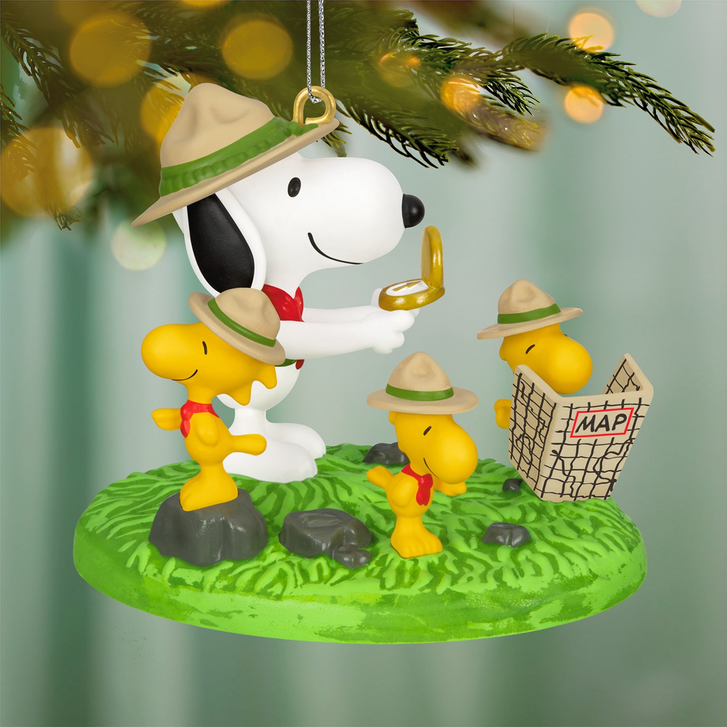 The Peanuts® Gang Orienteering — 2026 Hallmark Keepsake Christmas Ornament featuring Snoopy and Woodstock examining a map with hats, detailed figurine.